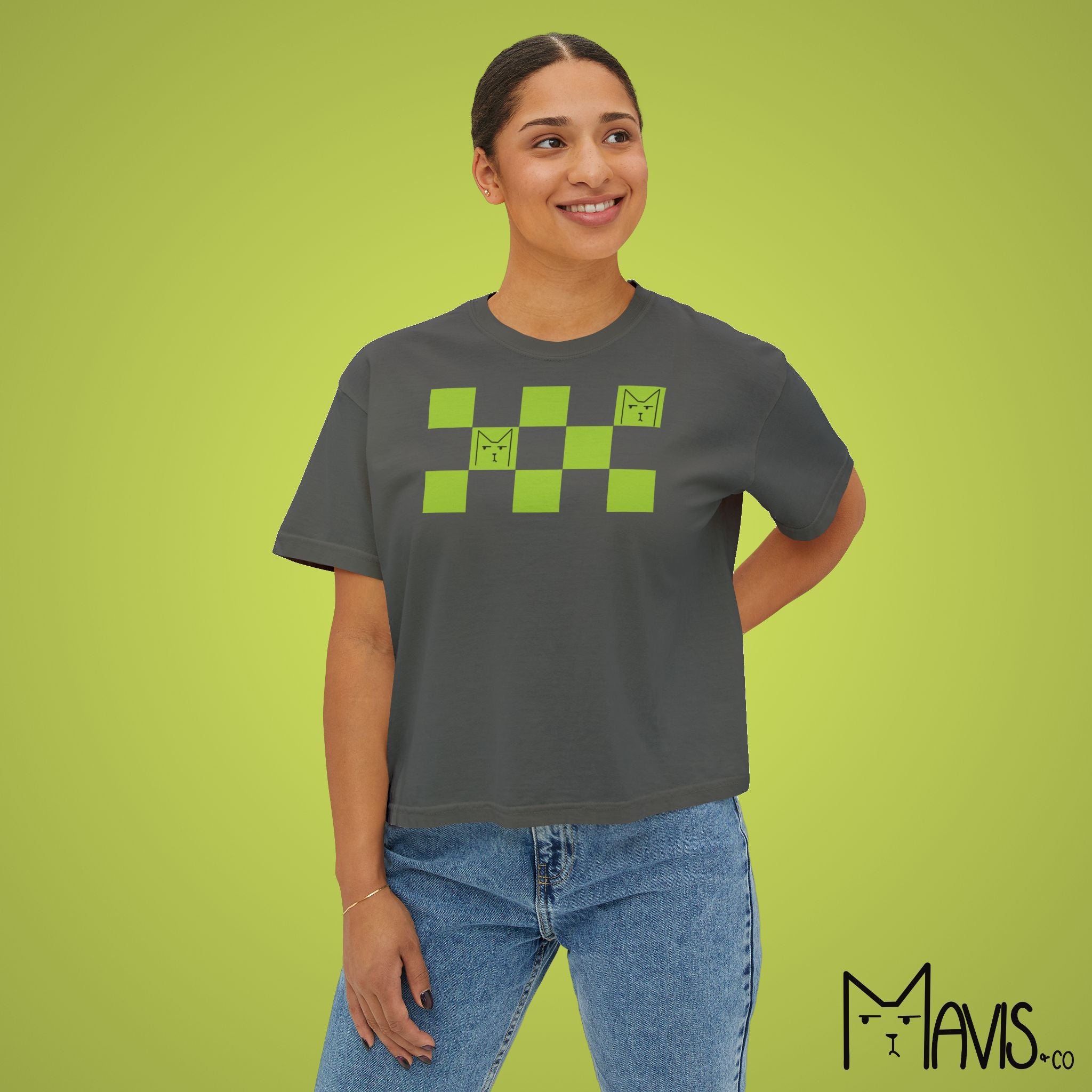 Checkered Print Grumpy Cat Shirt - Boxy Cropped Tee