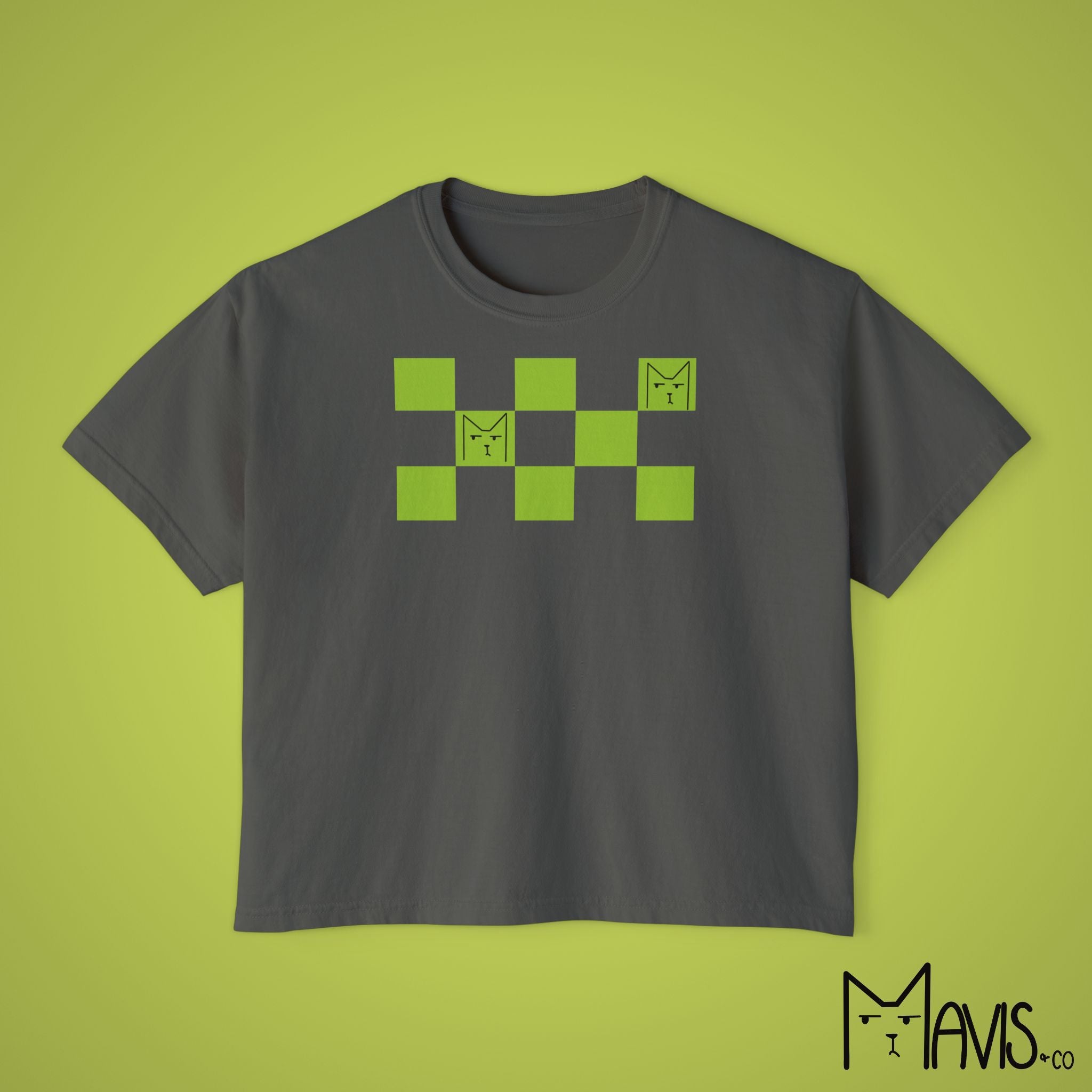 Checkered Print Grumpy Cat Shirt - Boxy Cropped Tee