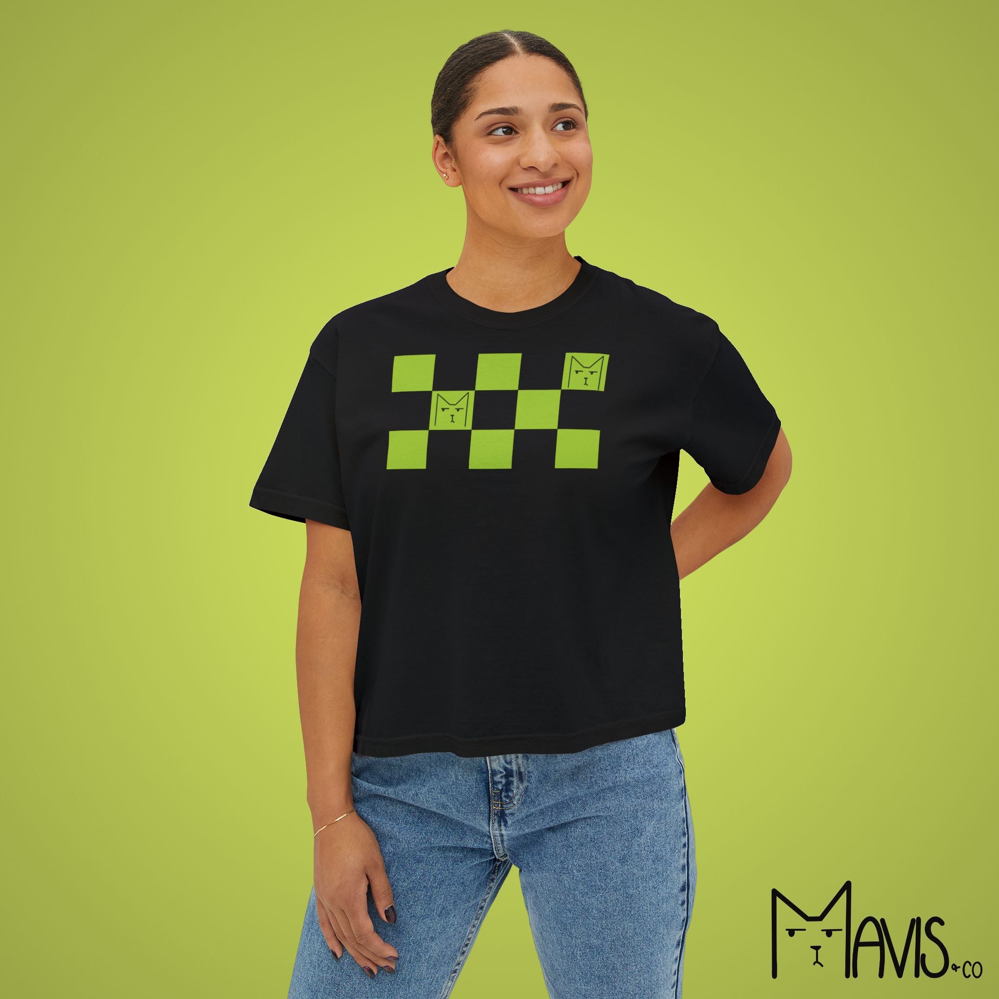 Checkered Print Grumpy Cat Shirt - Boxy Cropped Tee