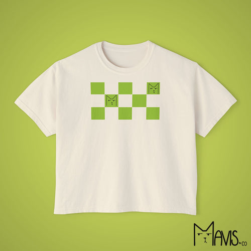 Checkered Print Grumpy Cat Shirt - Boxy Cropped Tee