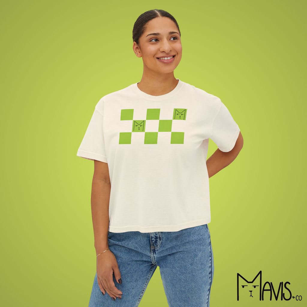 Checkered Print Grumpy Cat Shirt - Boxy Cropped Tee